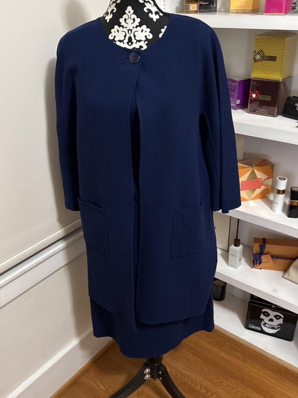 ST. JOHN 2 Piece Sz 10 Wool Dress Sz 8 Topper Lapis Blue Lovely Old $ Classic